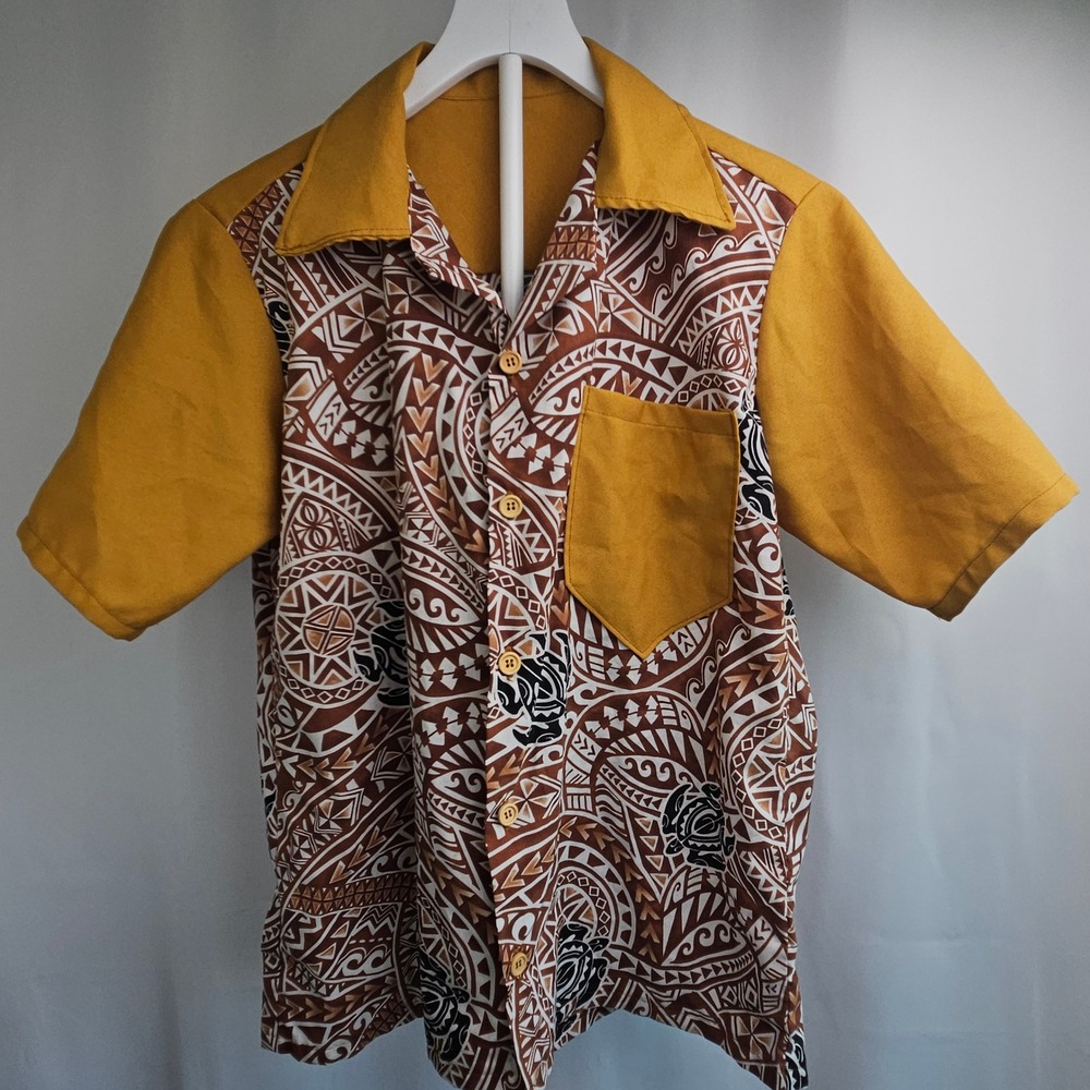Mens Large Tiki Polynesian Retro Bowling Shirt Home Sewn Geometric Sea Turtle